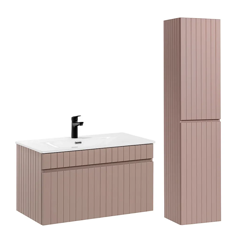 Ensemble Meuble De Salle De Bains|Petits-Meubles Ensemble meuble simple vasque encastree 80cm et colonne Zelie Rose