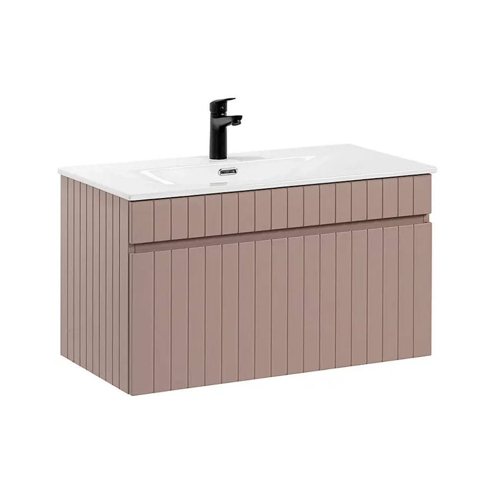Ensemble Meuble De Salle De Bains|Petits-Meubles Ensemble meuble simple vasque encastree 80cm et colonne Zelie Rose