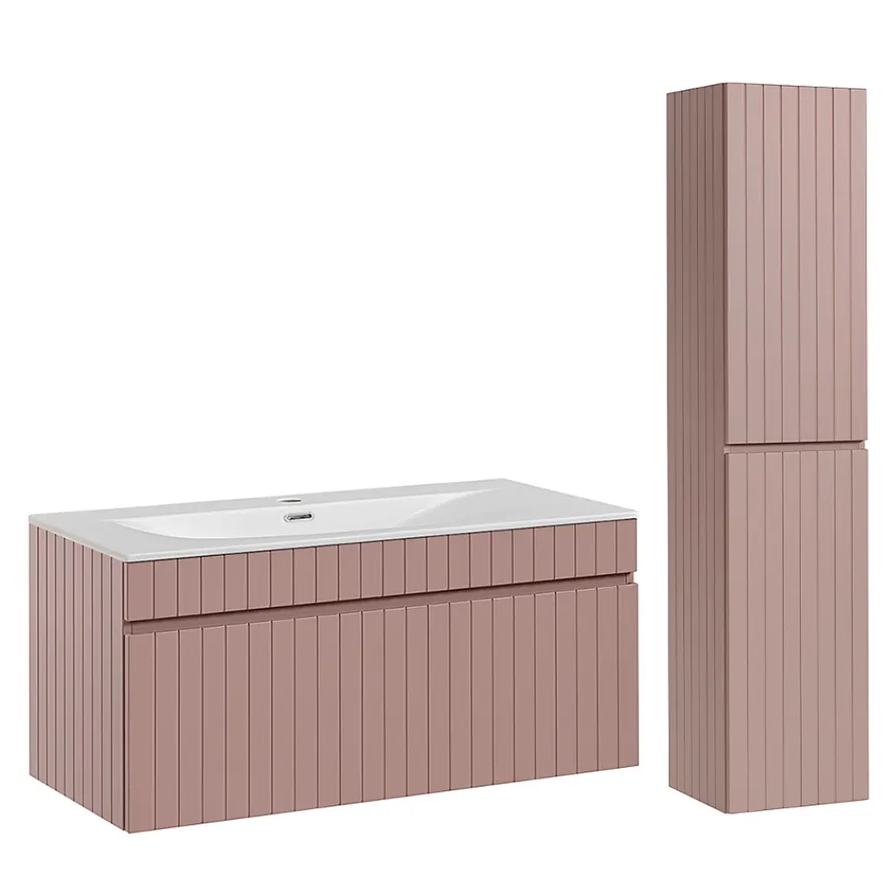 Ensemble Meuble De Salle De Bains|Petits-Meubles Ensemble meuble simple vasque encastree 100cm et colonne Zelie Rose