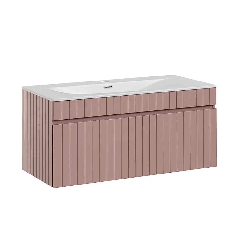 Ensemble Meuble De Salle De Bains|Petits-Meubles Ensemble meuble simple vasque encastree 100cm et colonne Zelie Rose