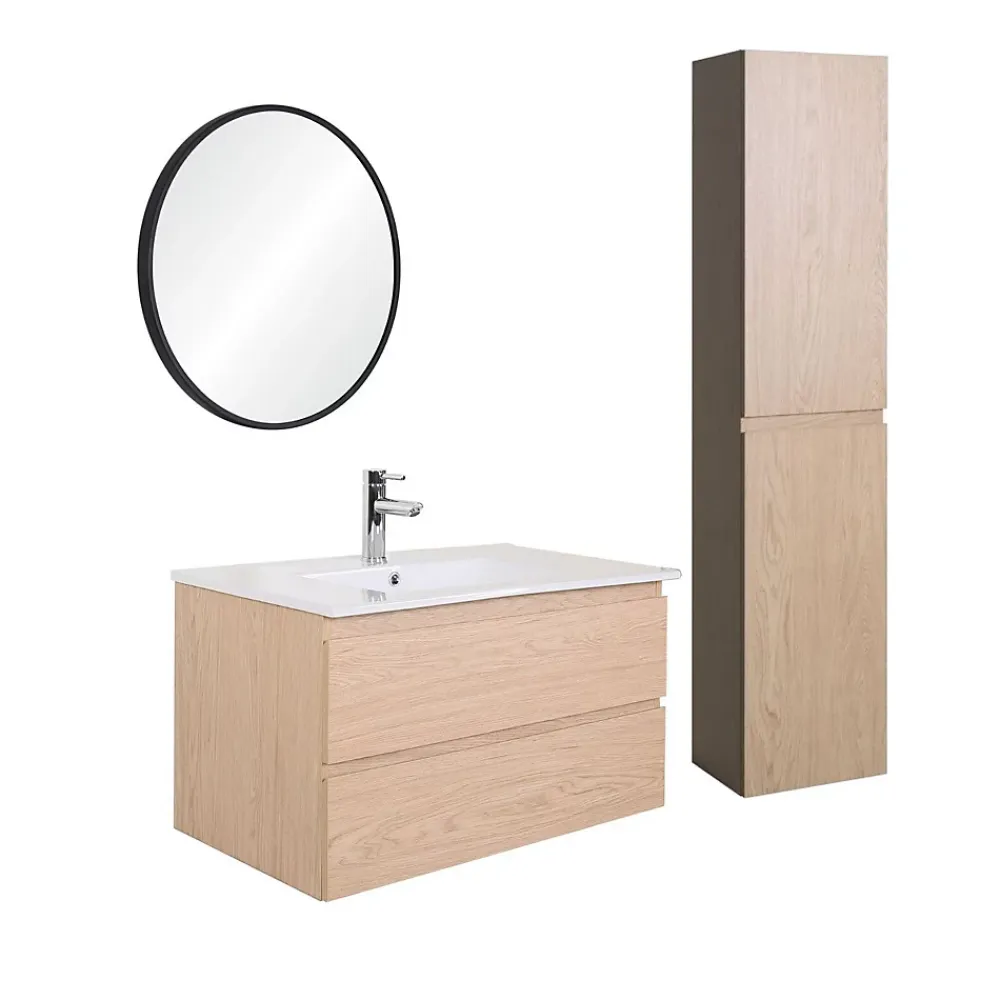 Mob-In Ensemble meuble simple vasque SORRENTO 80cm avec plan céramique, robinet, miroir et colonne