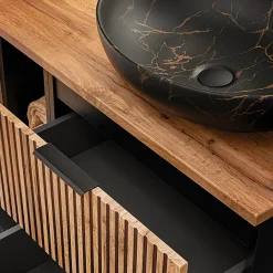 Ensemble Meuble De Salle De Bains|Petits-Meubles Ensemble meuble simple vasque 100cm miroir LED et colonne Gaia Bois et Noir - Vasque Noir