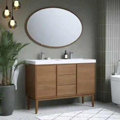 Meuble Vasque|GoodHome Ensemble meuble sous vasque placage bois Kabayan + plan double vasque résine blanc Mila l.120 cm