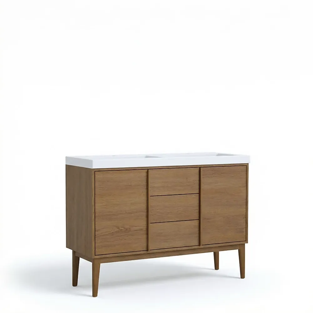 Meuble Vasque|GoodHome Ensemble meuble sous vasque placage bois Kabayan + plan double vasque résine blanc Mila l.120 cm