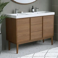Meuble Vasque|GoodHome Ensemble meuble sous vasque placage bois Kabayan + plan double vasque résine blanc Mila l.120 cm