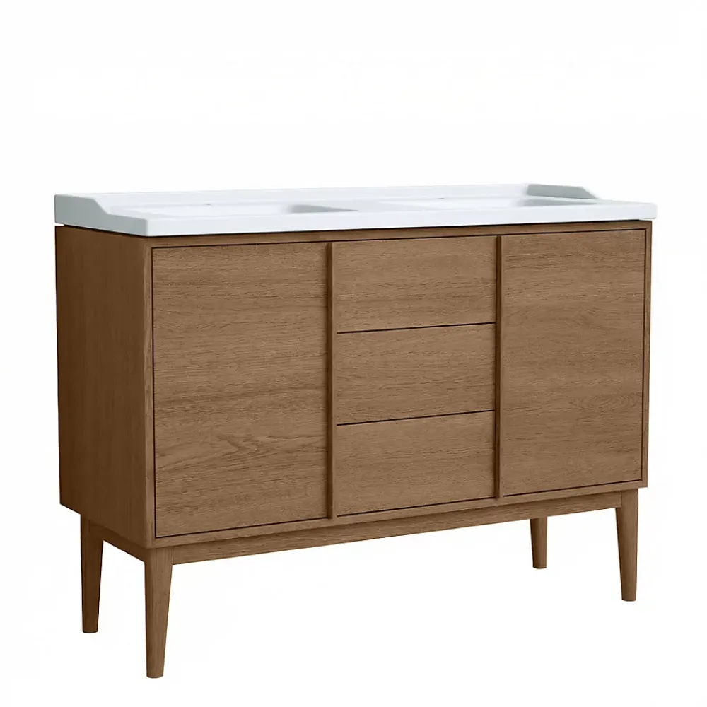 GoodHome Ensemble meuble sous vasque placage bois Kabayan + plan double vasque céramique blanc Lana l.120 cm