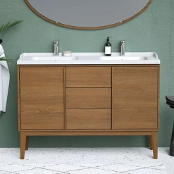 GoodHome Ensemble meuble sous vasque placage bois Kabayan + plan double vasque céramique blanc Lana l.120 cm