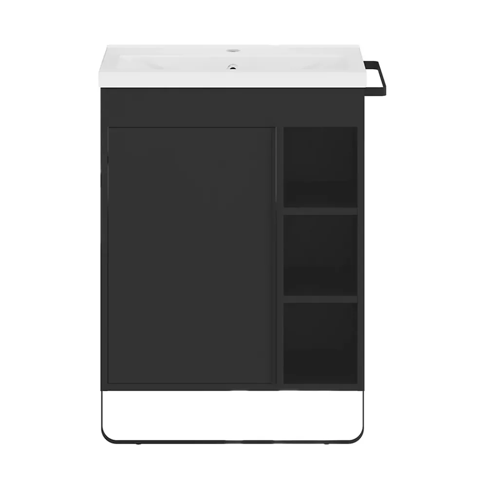 Ensemble Meuble De Salle De Bains|Meuble De Salle De Bains Faible Profondeur|GoodHome Ensemble meuble vasque faible profondeur noir avec porte-serviettes l.65 x H.82 x P.36 cm + plan vasque blanc résine + miroir, Maza