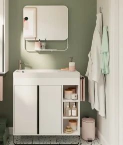 GoodHome Ensemble meuble vasque faible profondeur blanc avec porte-serviettes l.85 x H.82 x P.36 cm + plan vasque résine blanc + miroir, Maza