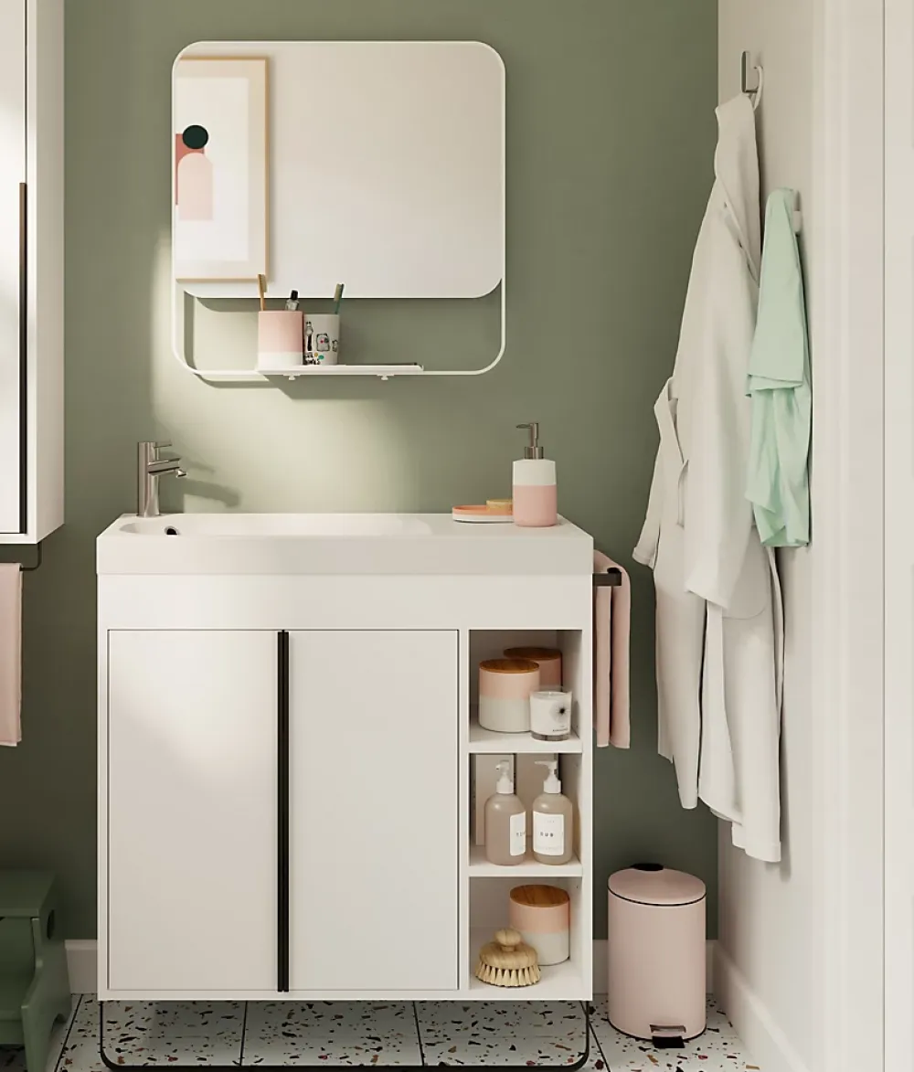 GoodHome Ensemble meuble vasque faible profondeur blanc avec porte-serviettes l.85 x H.82 x P.36 cm + plan vasque résine blanc + miroir, Maza