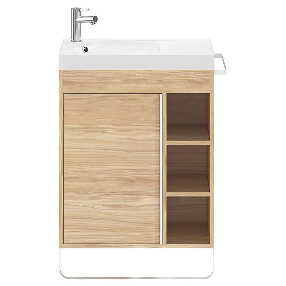 Ensemble Meuble De Salle De Bains|Meuble De Salle De Bains Faible Profondeur|GoodHome Ensemble meuble vasque faible profondeur effet bois avec porte-serviettes l.65 x H.82 x P.36 cm + plan vasque résine blanc + miroir, Maza