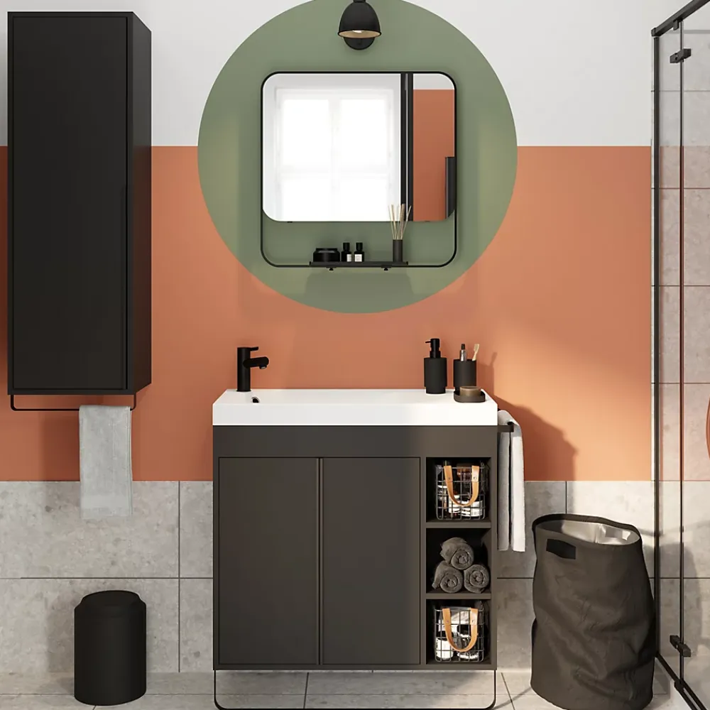 GoodHome Ensemble meuble vasque faible profondeur noir avec porte-serviettes l.85 x H.82 x P.36 cm + plan vasque blanc résine + miroir, Maza