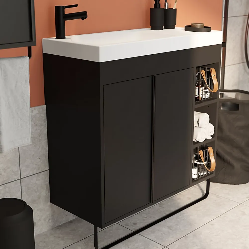 GoodHome Ensemble meuble vasque faible profondeur noir avec porte-serviettes l.85 x H.82 x P.36 cm + plan vasque blanc résine + miroir, Maza