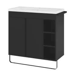 GoodHome Ensemble meuble vasque faible profondeur noir avec porte-serviettes l.85 x H.82 x P.36 cm + plan vasque blanc résine + miroir, Maza