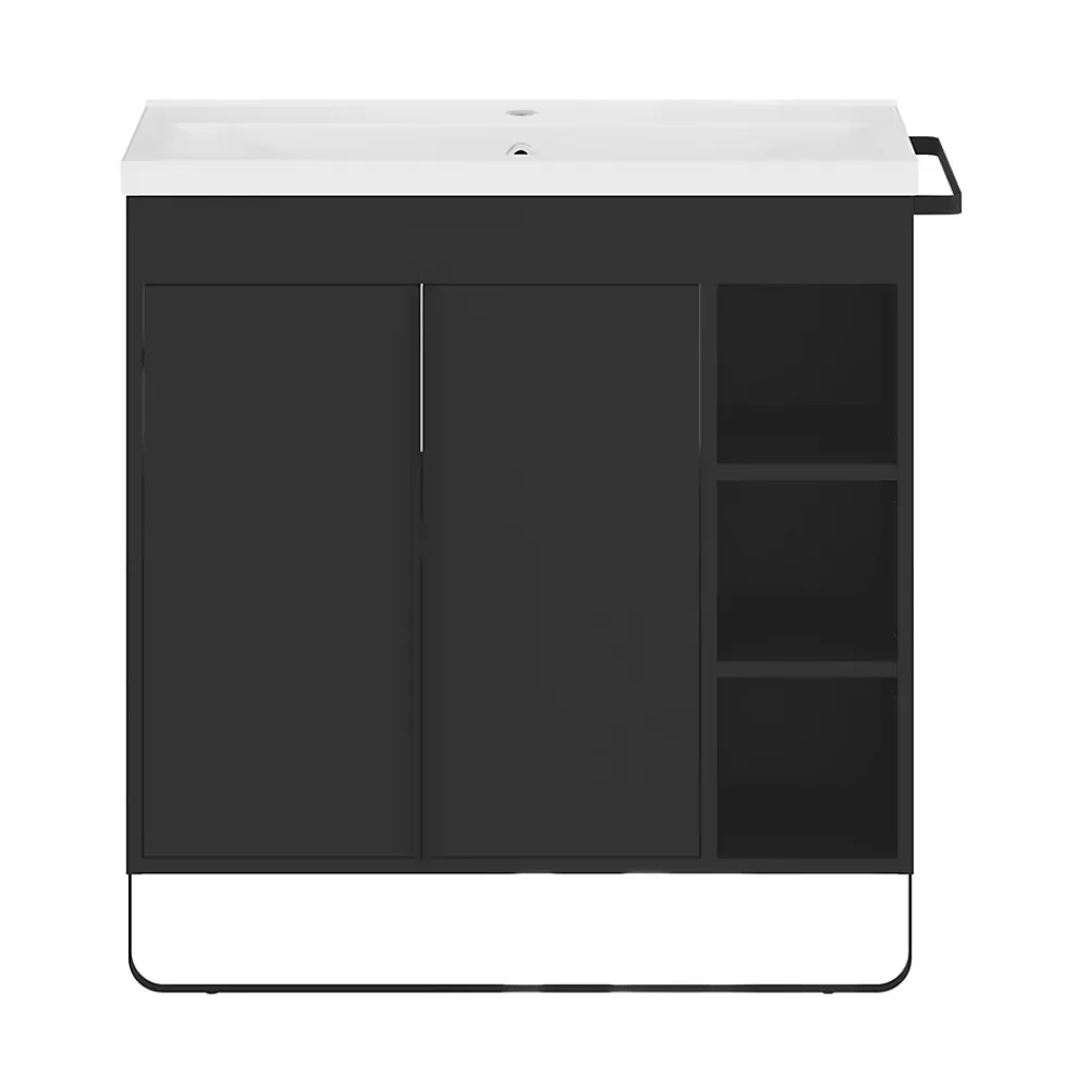 GoodHome Ensemble meuble vasque faible profondeur noir avec porte-serviettes l.85 x H.82 x P.36 cm + plan vasque blanc résine + miroir, Maza