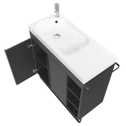 GoodHome Ensemble meuble vasque faible profondeur noir avec porte-serviettes l.85 x H.82 x P.36 cm + plan vasque blanc résine + miroir, Maza