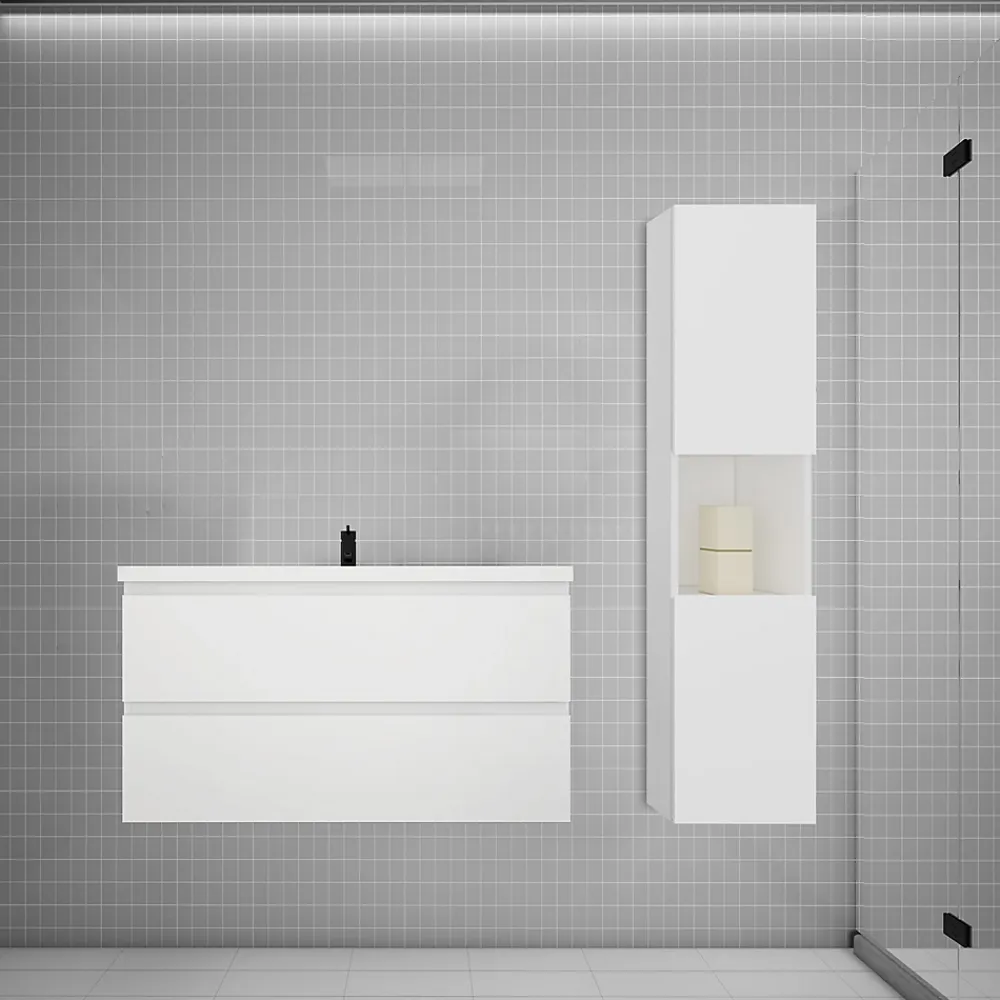 AICA Sanitaire Ensemble meuble vasque L.100cm blanc 2 tiroirs + lavabo + colonne