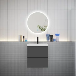 Ensemble Meuble De Salle De Bains|AICA Sanitaire Ensemble meuble vasque L.50cm 2 tiroirs + lavabo + LED miroir rond 60cm,anthracite