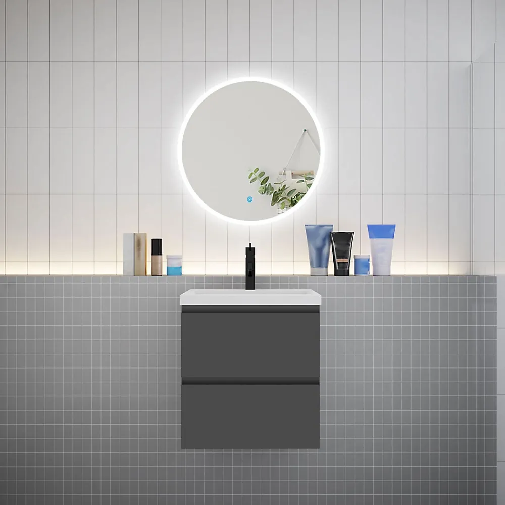 Ensemble Meuble De Salle De Bains|AICA Sanitaire Ensemble meuble vasque L.50cm 2 tiroirs + lavabo + LED miroir rond 60cm,anthracite