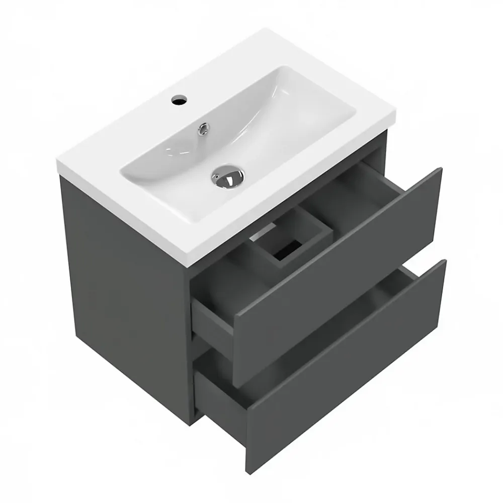 Ensemble Meuble De Salle De Bains|AICA Sanitaire Ensemble meuble vasque L.50cm 2 tiroirs + lavabo + LED miroir rond 60cm,anthracite