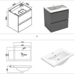 Ensemble Meuble De Salle De Bains|AICA Sanitaire Ensemble meuble vasque L.50cm 2 tiroirs + lavabo + LED miroir rond 60cm,anthracite