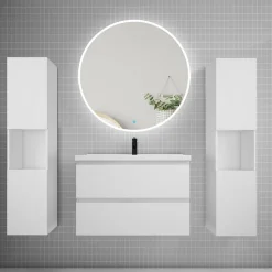 Ensemble Meuble De Salle De Bains|AICA Sanitaire Ensemble meuble vasque L.80cm 2 tiroirs + lavabo + LED miroir rond 90cm + 2 colonne,blanc A