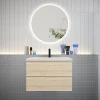 Ensemble Meuble De Salle De Bains|AICA Sanitaire Ensemble meuble vasque L.80cm 2 tiroirs + lavabo + LED miroir rond 80cm,chêne