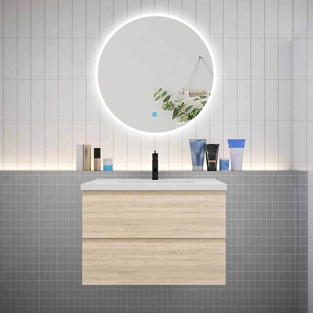 Ensemble Meuble De Salle De Bains|AICA Sanitaire Ensemble meuble vasque L.80cm 2 tiroirs + lavabo + LED miroir rond 80cm,chêne