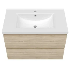 Ensemble Meuble De Salle De Bains|AICA Sanitaire Ensemble meuble vasque L.80cm 2 tiroirs + lavabo + LED miroir rond 80cm,chêne
