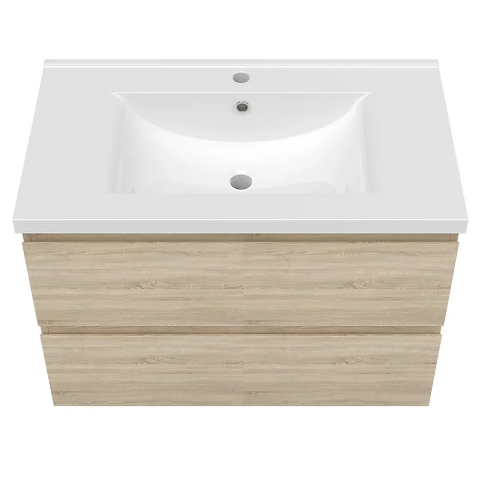 Ensemble Meuble De Salle De Bains|AICA Sanitaire Ensemble meuble vasque L.80cm 2 tiroirs + lavabo + LED miroir rond 80cm,chêne