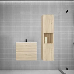 Ensemble Meuble De Salle De Bains|AICA Sanitaire Ensemble meuble vasque L.60cm chêne 2 tiroirs + lavabo + colonne