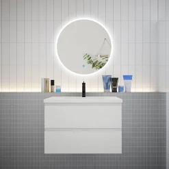 Ensemble Meuble De Salle De Bains|AICA Sanitaire Ensemble meuble vasque L.80cm 2 tiroirs + lavabo + LED miroir rond 70cm,blanc