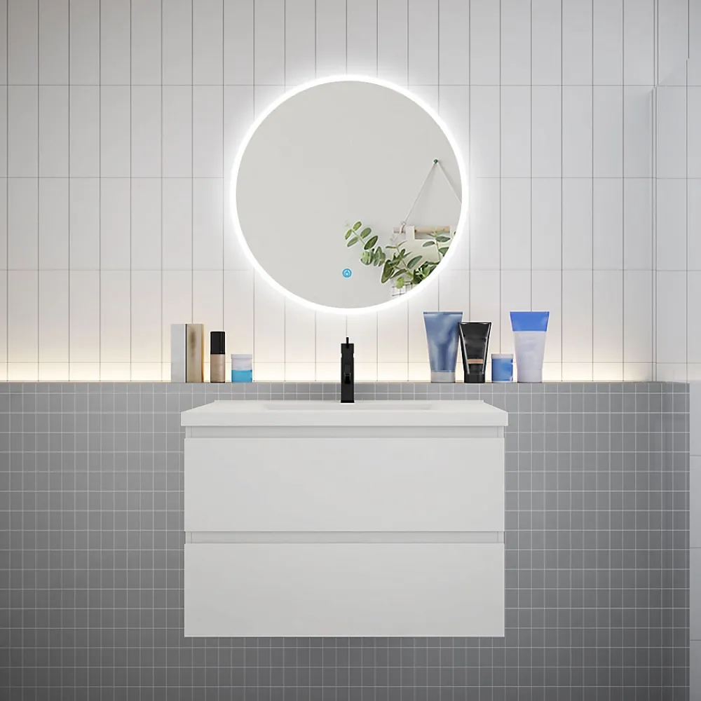 Ensemble Meuble De Salle De Bains|AICA Sanitaire Ensemble meuble vasque L.80cm 2 tiroirs + lavabo + LED miroir rond 70cm,blanc