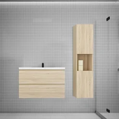 AICA Sanitaire Ensemble meuble vasque L.80cm chêne 2 tiroirs + lavabo + colonne
