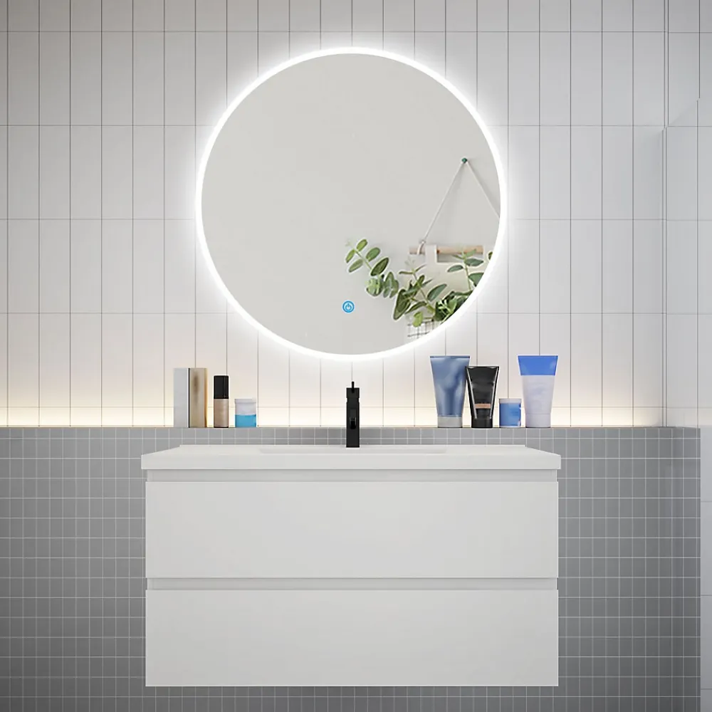 AICA Sanitaire Ensemble meuble vasque L.100cm 2 tiroirs + lavabo + LED miroir rond 90cm,blanc,easy