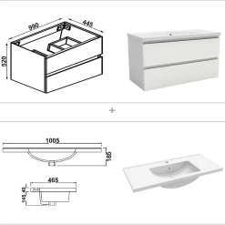 AICA Sanitaire Ensemble meuble vasque L.100cm 2 tiroirs + lavabo + LED miroir rond 90cm,blanc,easy