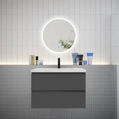 AICA Sanitaire Ensemble meuble vasque L.80cm 2 tiroirs + lavabo + LED miroir rond 60cm,anthracite