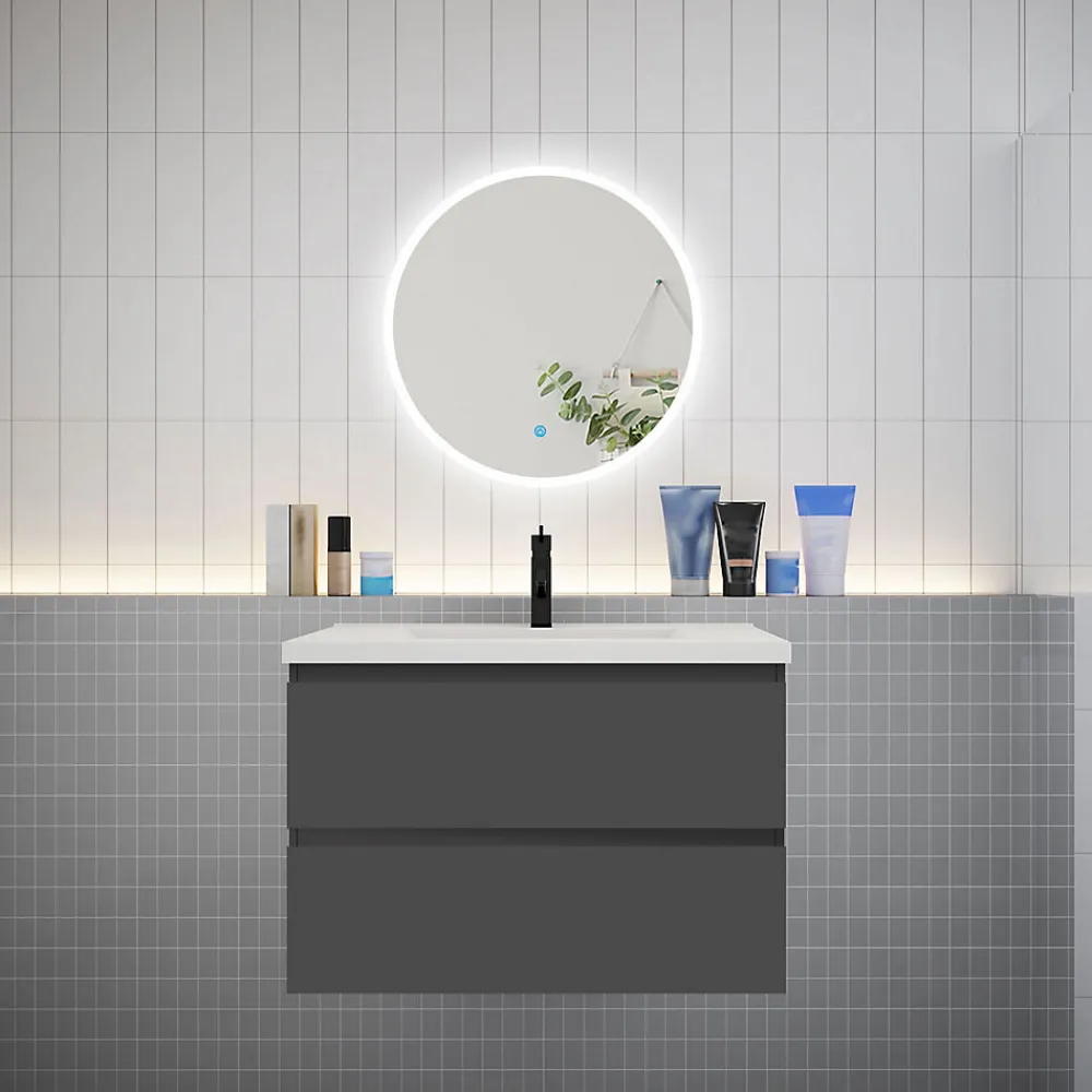 AICA Sanitaire Ensemble meuble vasque L.80cm 2 tiroirs + lavabo + LED miroir rond 60cm,anthracite
