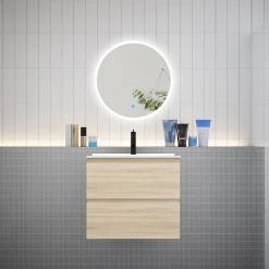 AICA Sanitaire Ensemble meuble vasque L.60cm 2 tiroirs + lavabo + LED miroir rond 60cm,chêne