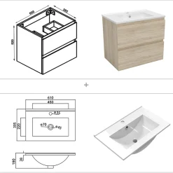 AICA Sanitaire Ensemble meuble vasque L.60cm 2 tiroirs + lavabo + LED miroir rond 60cm,chêne