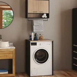 Armoire De Salle De Bains|IDMarket Ensemble meubles de buanderie WALLIS noir et bois façon hêtre pour machine à laver