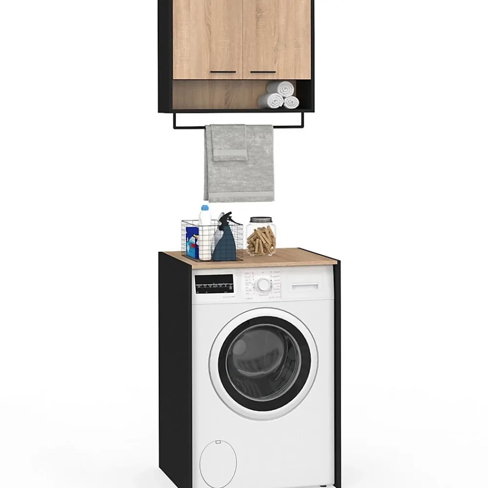 Armoire De Salle De Bains|IDMarket Ensemble meubles de buanderie WALLIS noir et bois façon hêtre pour machine à laver