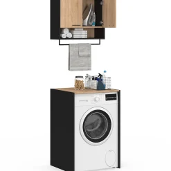 Armoire De Salle De Bains|IDMarket Ensemble meubles de buanderie WALLIS noir et bois façon hêtre pour machine à laver