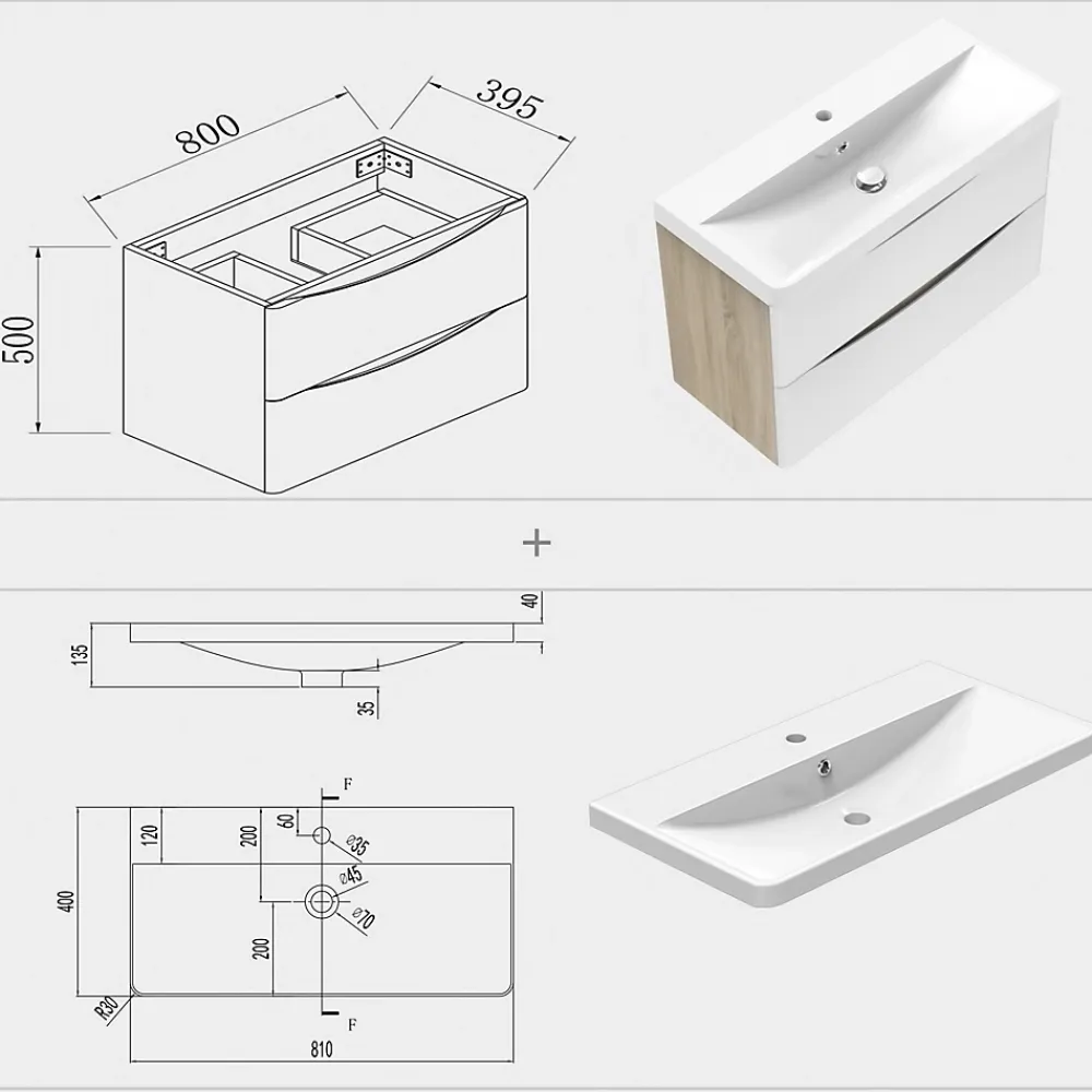 AICA Sanitaire Ensemble meubles Salle de Bain 80cm simple vasque + miroir lumineux