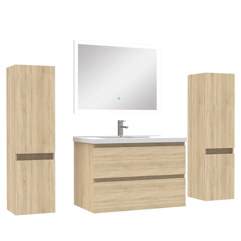 AICA Sanitaire Ensemble meubles Salle de Bain 80cm vasque + colonne x2 + LED miroir Chêne Wotan