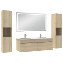 Ensemble Meuble De Salle De Bains|AICA Sanitaire Ensemble meubles Salle de Bain 120cm avec colonne + miroir lumineux 3 couleurs + dimmable Chêne Wotan