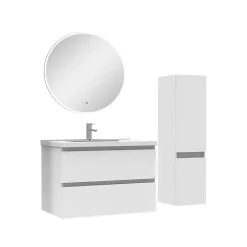 AICA Sanitaire Ensemble meubles Salle de Bain 80cm vasque + colonne + miroir rond lumineux Blanc
