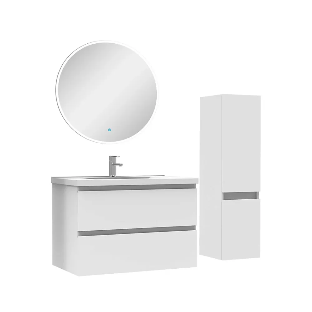 AICA Sanitaire Ensemble meubles Salle de Bain 80cm vasque + colonne + miroir rond lumineux Blanc