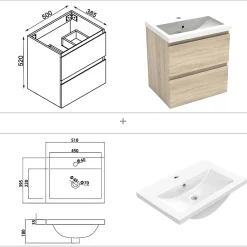 AICA Sanitaire Ensemble meubles Salle de Bain 50cm vasque + colonne + miroir rond lumineux Chêne Wotan