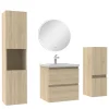 AICA Sanitaire Ensemble meubles Salle de Bain 50cm simple vasque + colonne + miroir rond mural Chêne Wotan